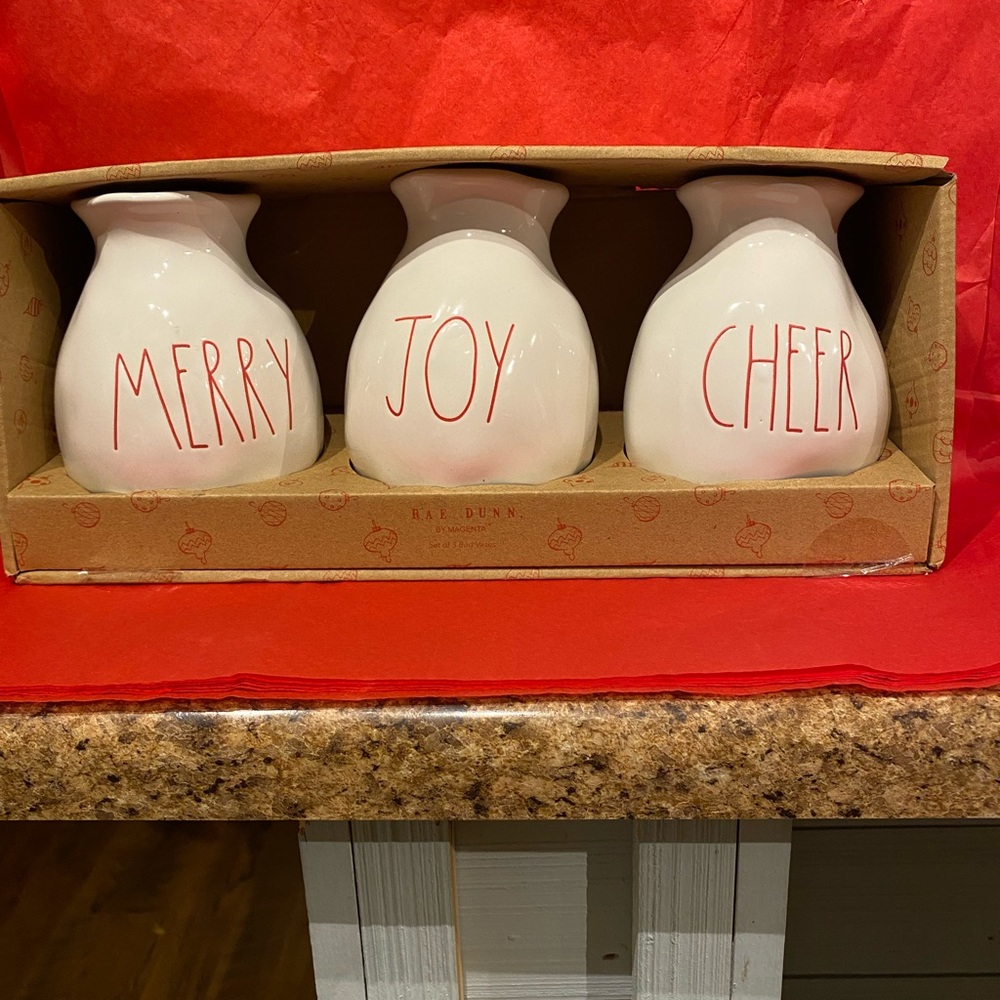 Rae Dunn set of three bud vases, Christmas,Merry joy, and‎ cheer